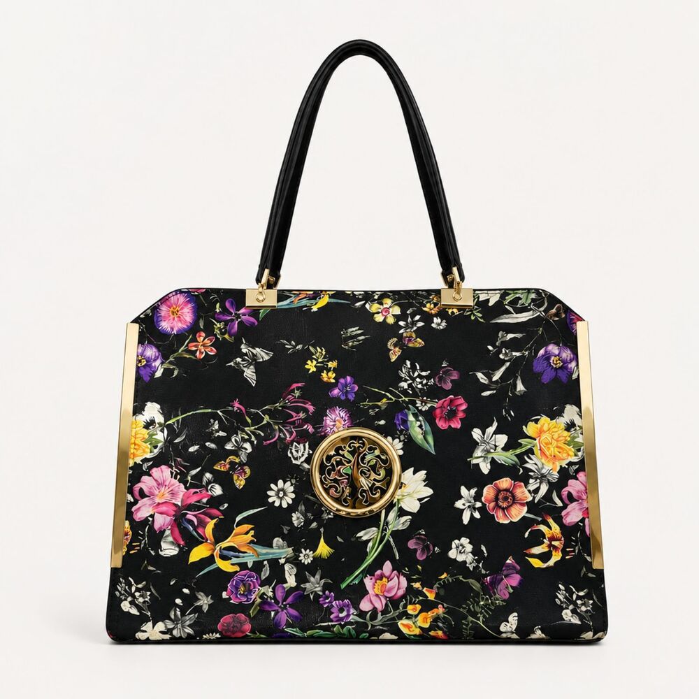 Dasein Black Floral Structured Satchel Tote Purse Botanical Print Gold Hardware
